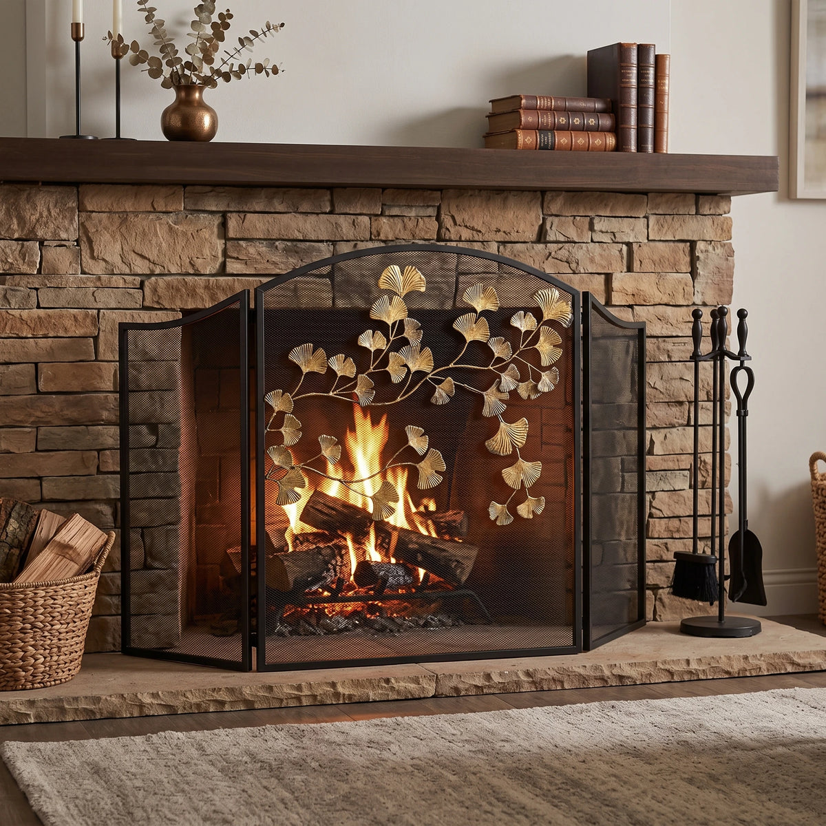 3 Panel Folding Fireplace Screen, Black Iron Mesh Spark Guard with Antique Bronze Ginkgo Leaves, Freestanding, No Assembly Required