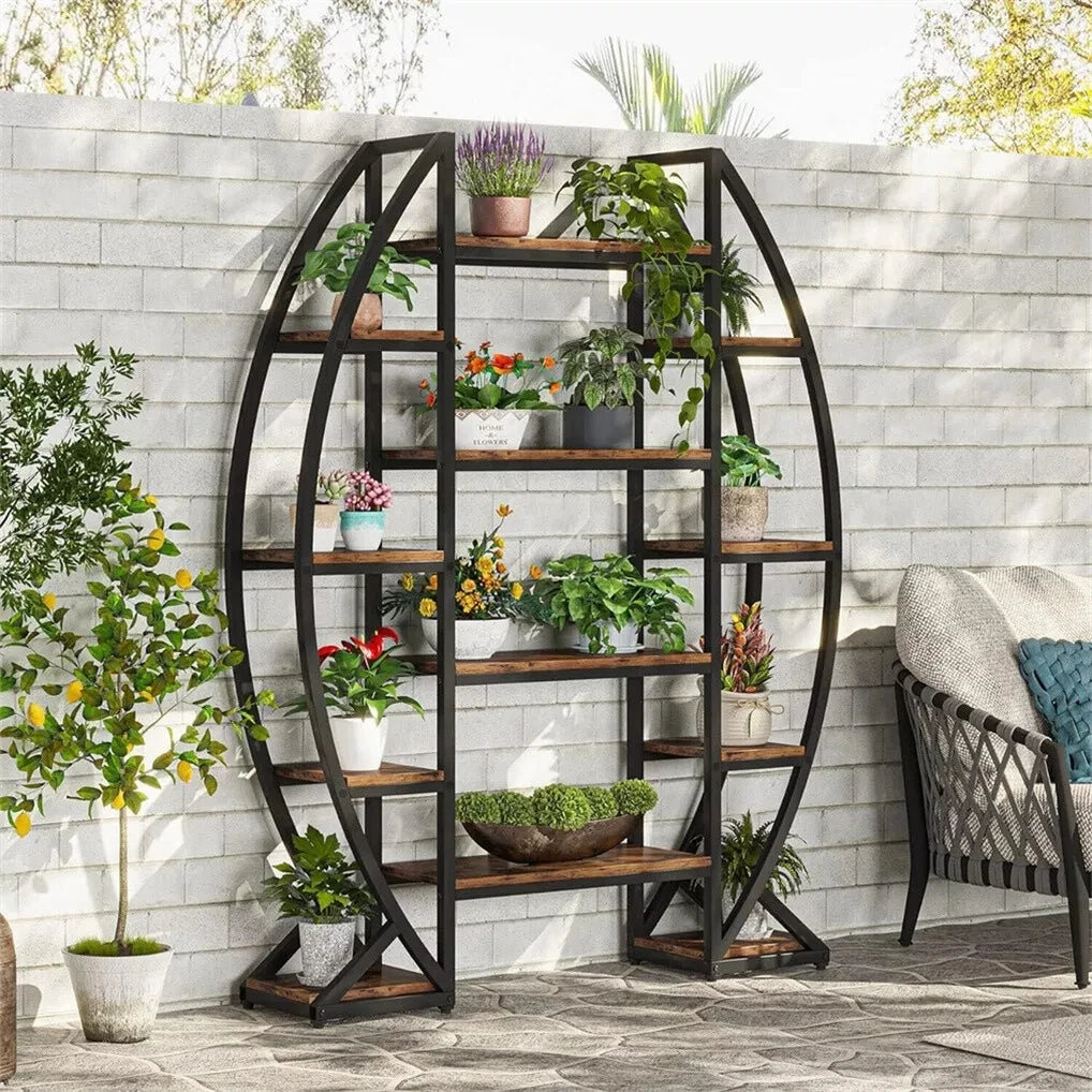 Oval Bookshelf, Plant Stand 5 Tier Etagere Bookcase, Half-Moon Shaped Industrial Display Shelves for Living Room