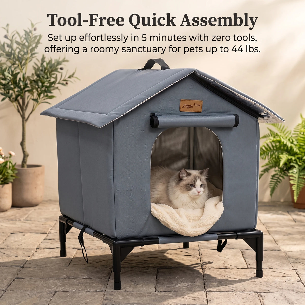 Elevated Outdoor Cat House Weatherproof, Insulated Feral Cat Shelter for Outside Winter with 3-Layer Aluminum Foil Thermal Liner, 600D Waterproof Oxford Pet Tent Bed with Legs & Ground Stakes for Stray Cats (45x42x55