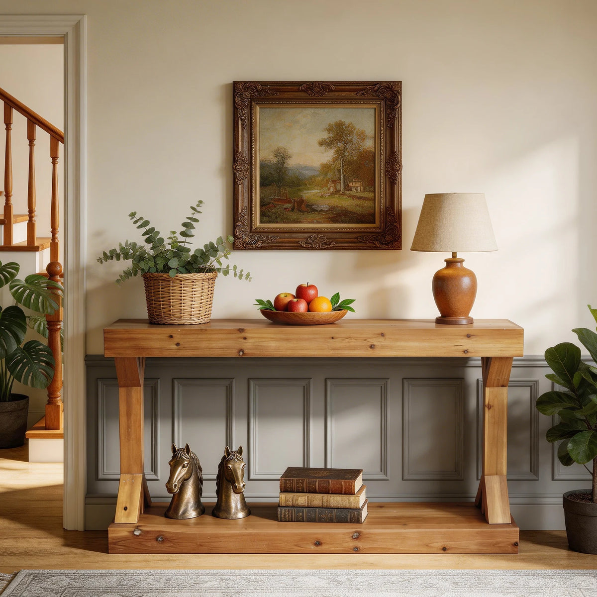 Wooden Console Table: 120cm Farmhouse Entryway Table with Shelf, Solid Fur Wood Rustic Sofa Storage Table Behind Couch for Living Rooms, Foyers, Hallways