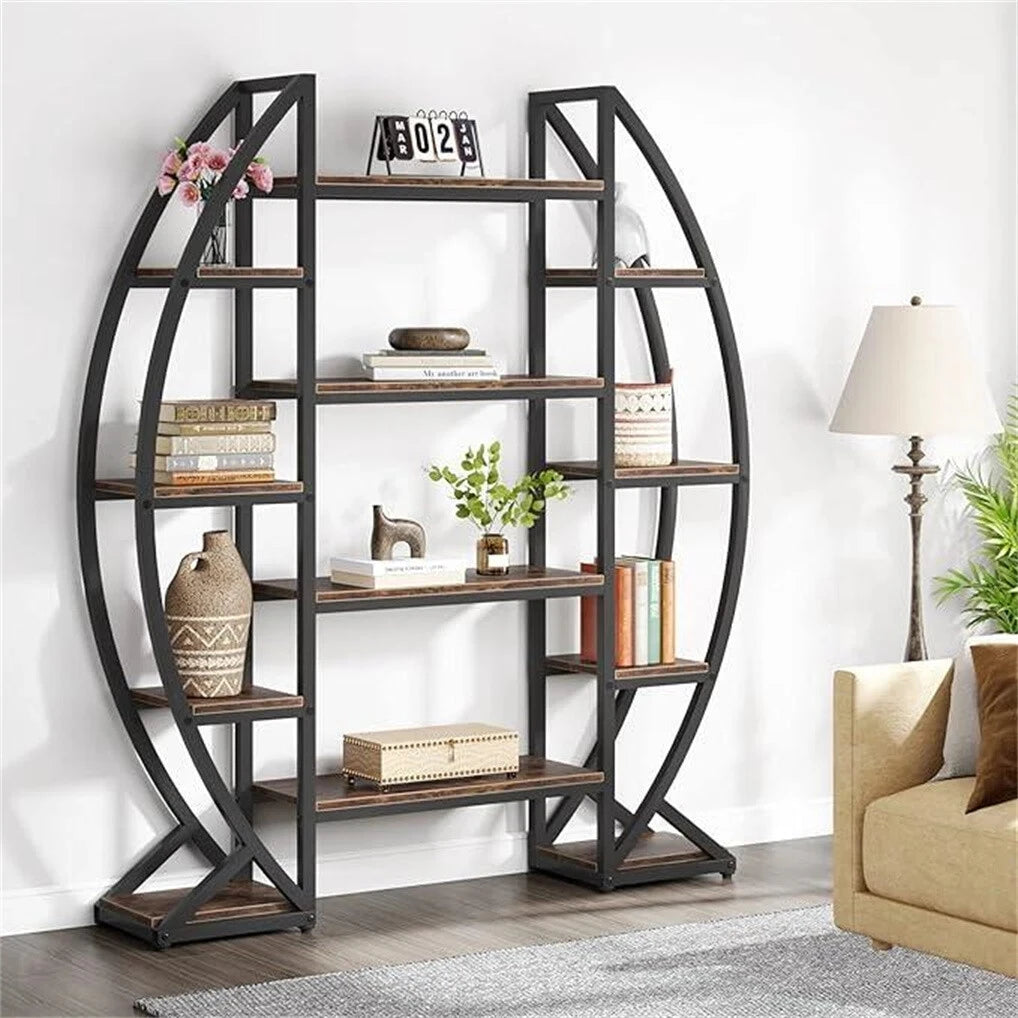Oval Bookshelf, Plant Stand 5 Tier Etagere Bookcase, Half-Moon Shaped Industrial Display Shelves for Living Room