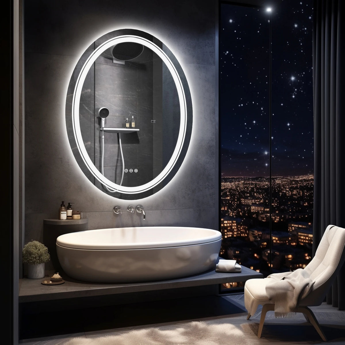 600x800mm LED Oval  Anti-Fog Smart Touch Sensor Memory Function Wall Vanity Mirror Bathroom Backlit Front Lighted with 3 Colors
