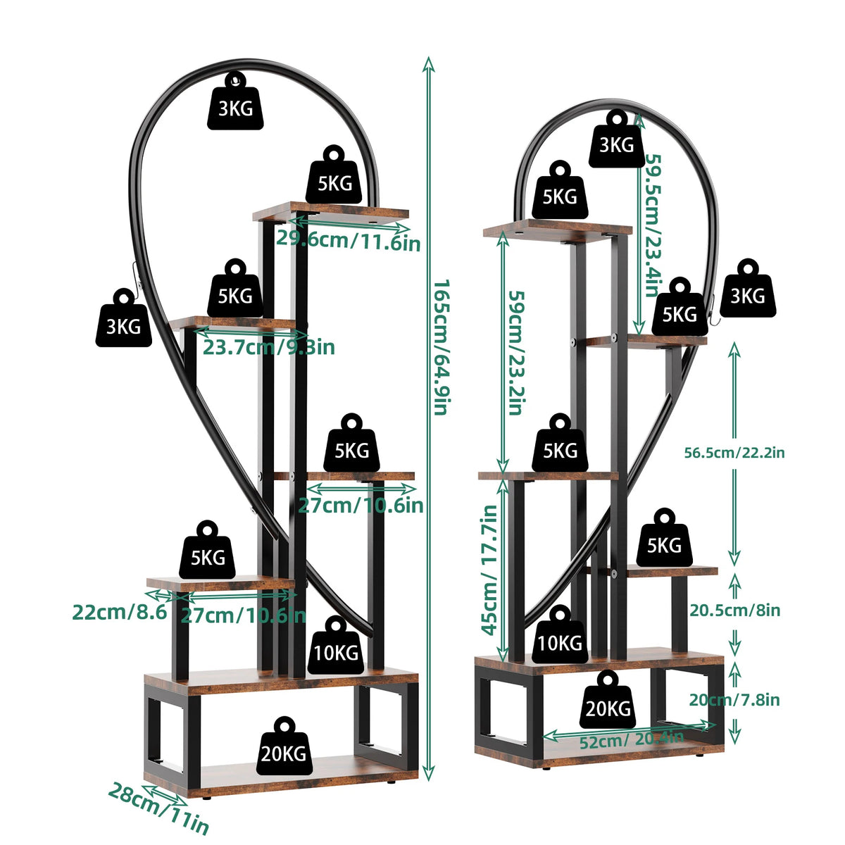 44.1x11x64.9 inch 2X Plant Stand Half Heart Shaped Multiple Planter Rack Flower Display with Hooks 20 Pots Garden Ladder Planting Shelf