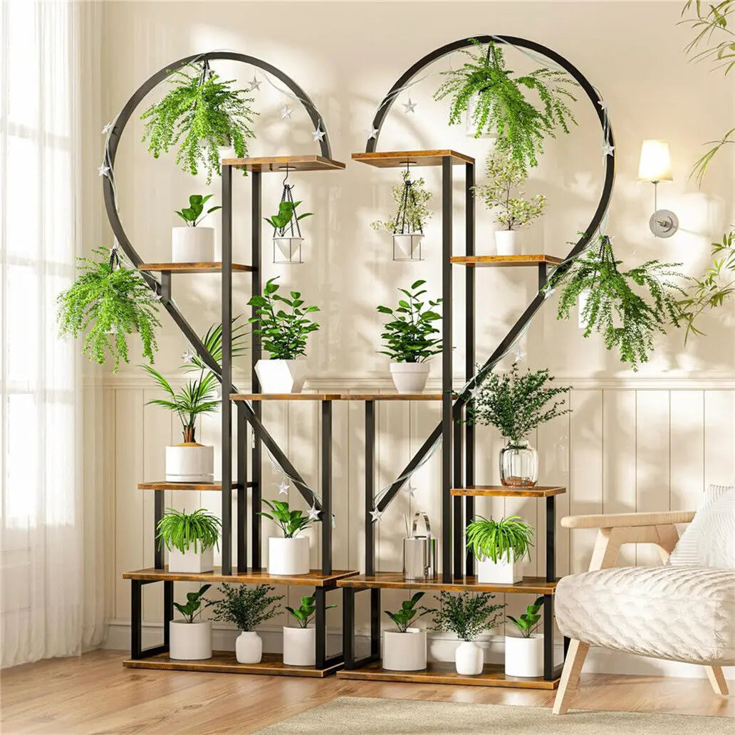 44.1x11x64.9 inch 2X Plant Stand Half Heart Shaped Multiple Planter Rack Flower Display with Hooks 20 Pots Garden Ladder Planting Shelf