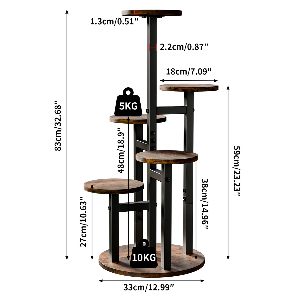 5-Tier Vertical Plant Stand, Space-Saving Flower Pot Display Shelf with Staggered Round Wood-Effect Shelves and Black Metal Frame