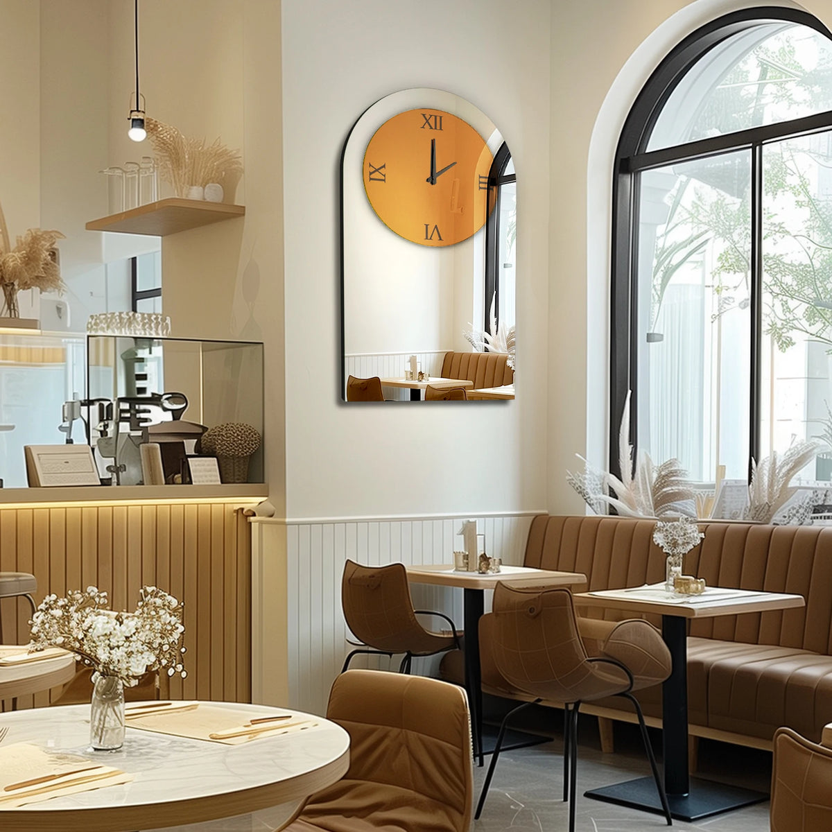Wall Decorative Mirrors Arched Brown Tinted Glass Wall Mounted Clock for Home,Hotel,Living Room,Dining Room,Bedroom Walls