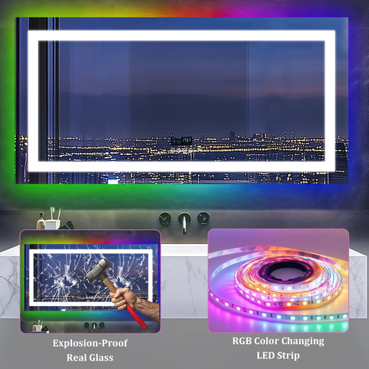 Extra Large LED Bathroom Mirror with Lights Anti-Fog Bathroom Mirror RGB Dimmable, Lighted Bathroom Wall Mirror