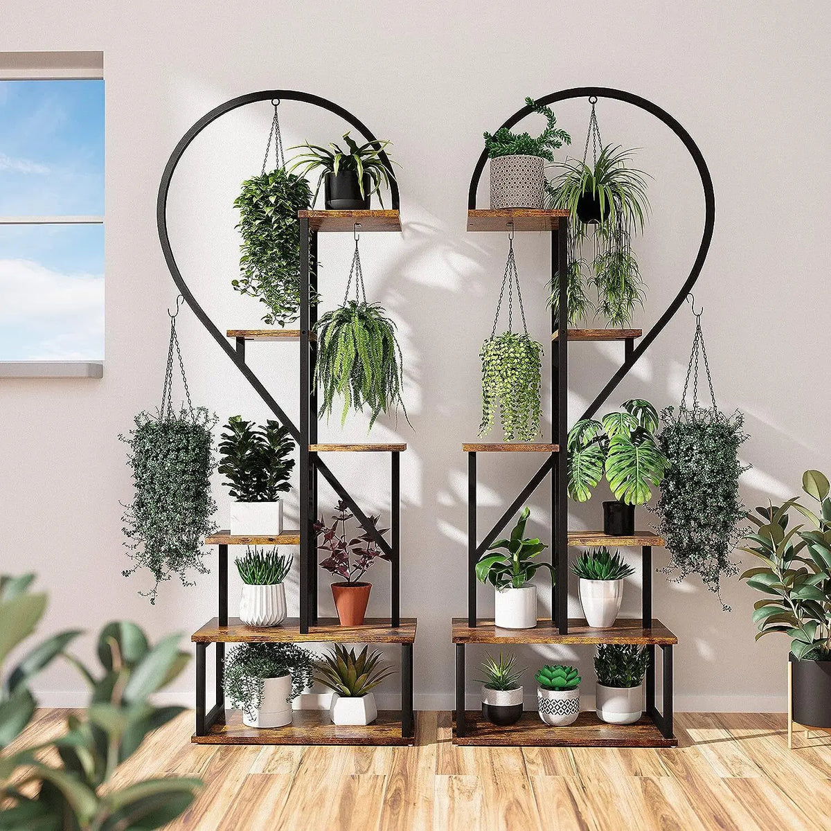 44.1x11x64.9 inch 2X Plant Stand Half Heart Shaped Multiple Planter Rack Flower Display with Hooks 20 Pots Garden Ladder Planting Shelf