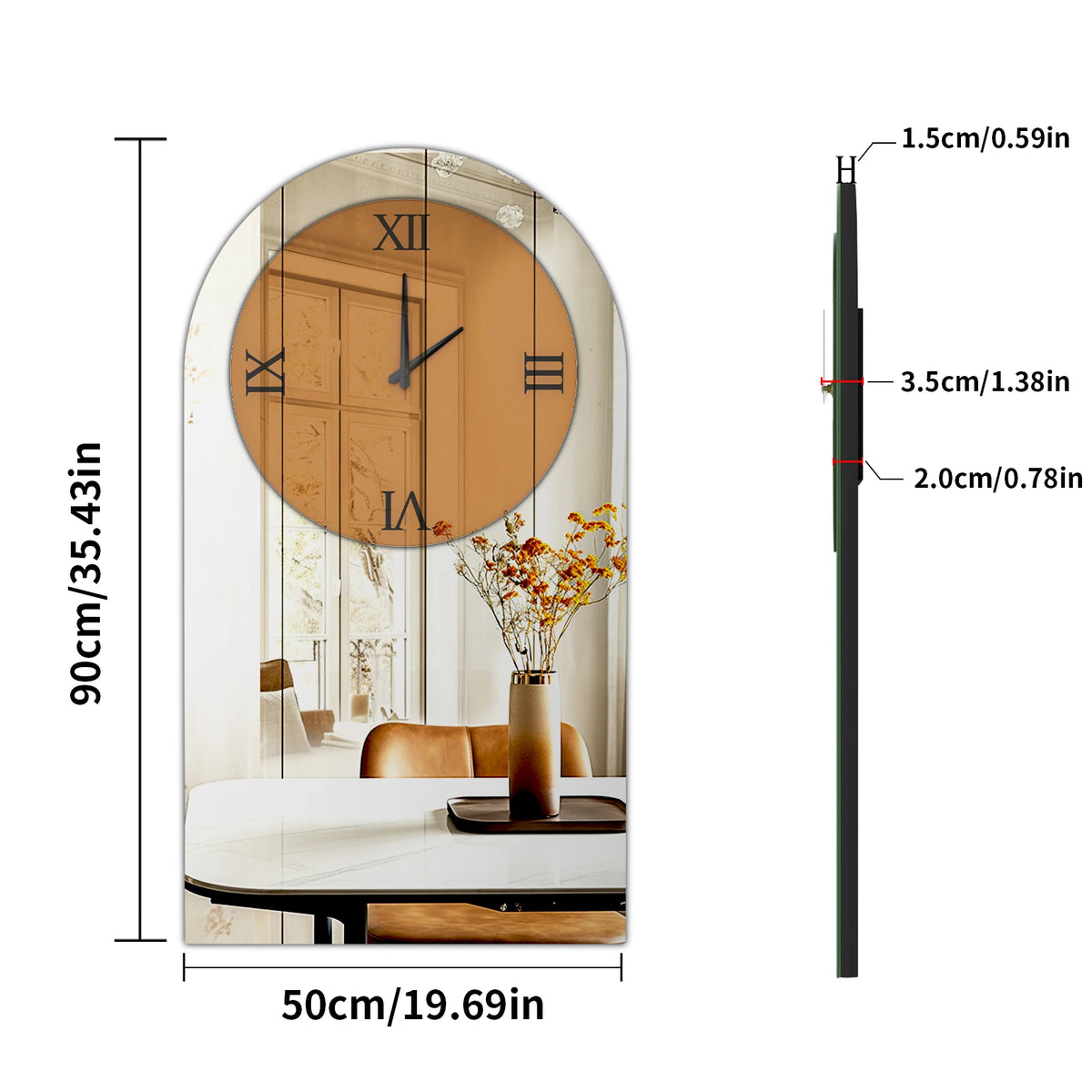 Wall Decorative Mirrors Arched Brown Tinted Glass Wall Mounted Clock for Home,Hotel,Living Room,Dining Room,Bedroom Walls