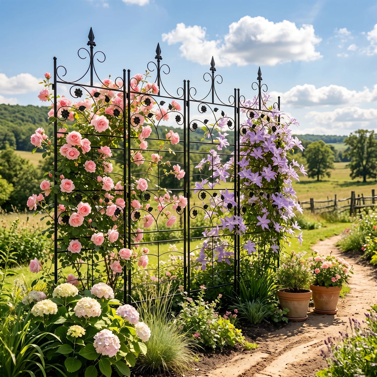 4-Pack Metal Garden Trellis for Climbing Plants, 84.6" Tall Black Iron Plant Support Panels with Decorative Scrollwork and Ground Stakes for Roses, Clematis and Vines