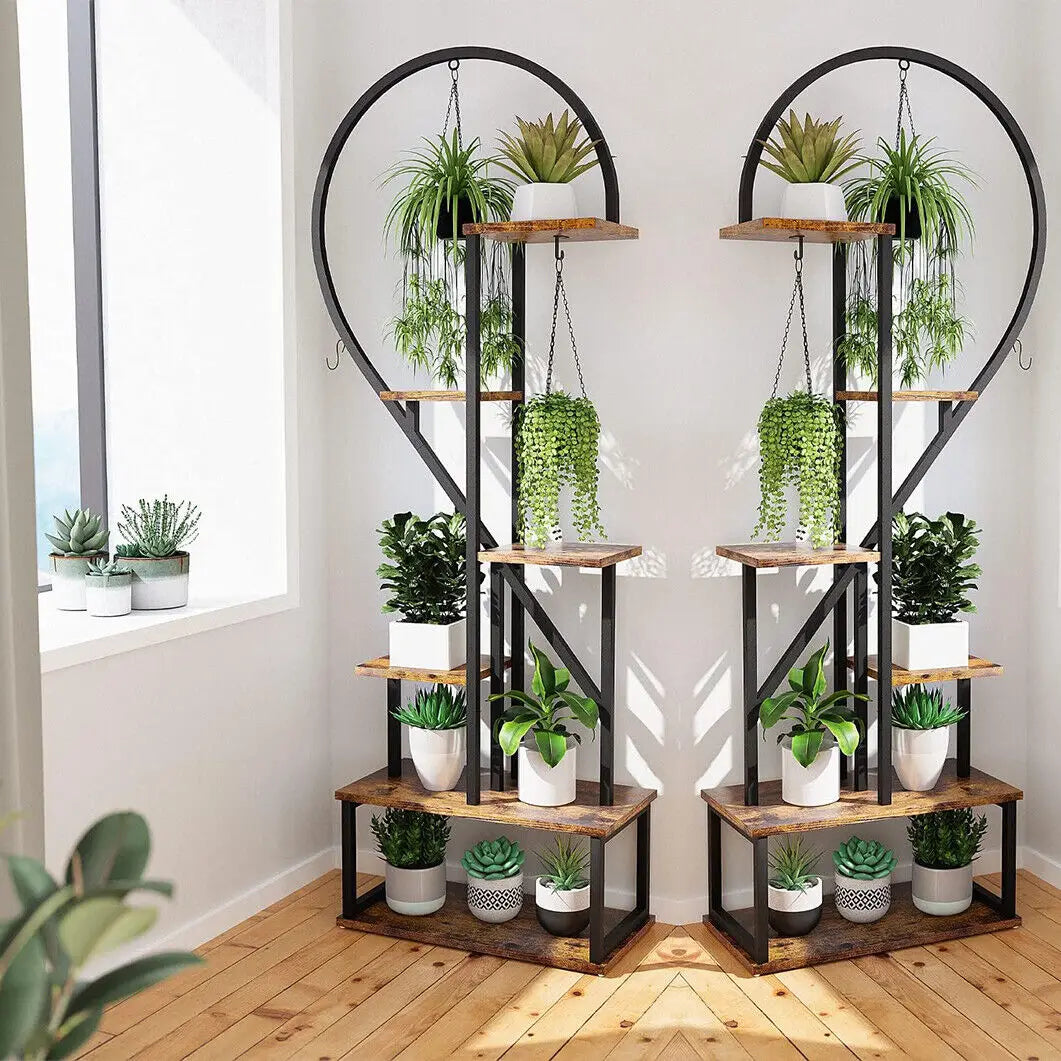 44.1x11x64.9 inch 2X Plant Stand Half Heart Shaped Multiple Planter Rack Flower Display with Hooks 20 Pots Garden Ladder Planting Shelf