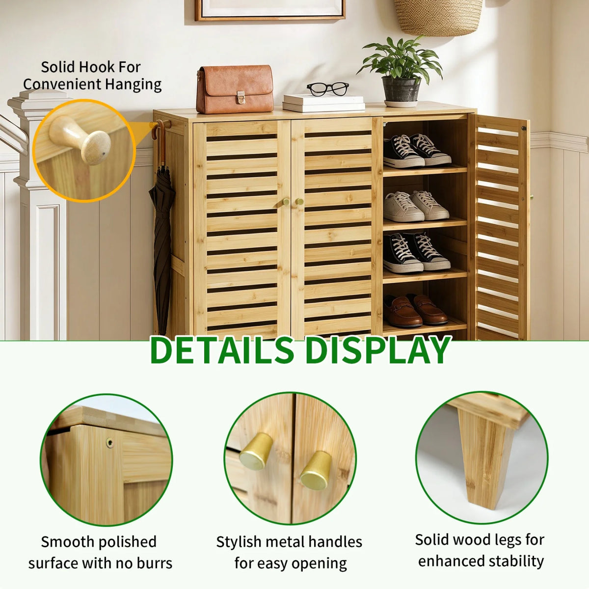 5 Tier Natural Wood Shoe Storage Cabinet Organizer Ventilated Slatted Doors 2 Or 3 Doors Shoes Rack for Entryway Hallway Closet