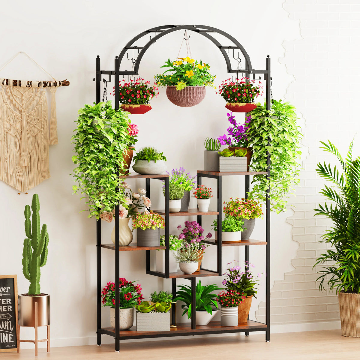 39.37Wx11.81Dx74.8H inch 5-Tier Tall Indoor Plant Stand, 74.8'' Arched Metal Flower Shelf with Hanging Hooks, Large Bonsai Pots Display Rack for Garden