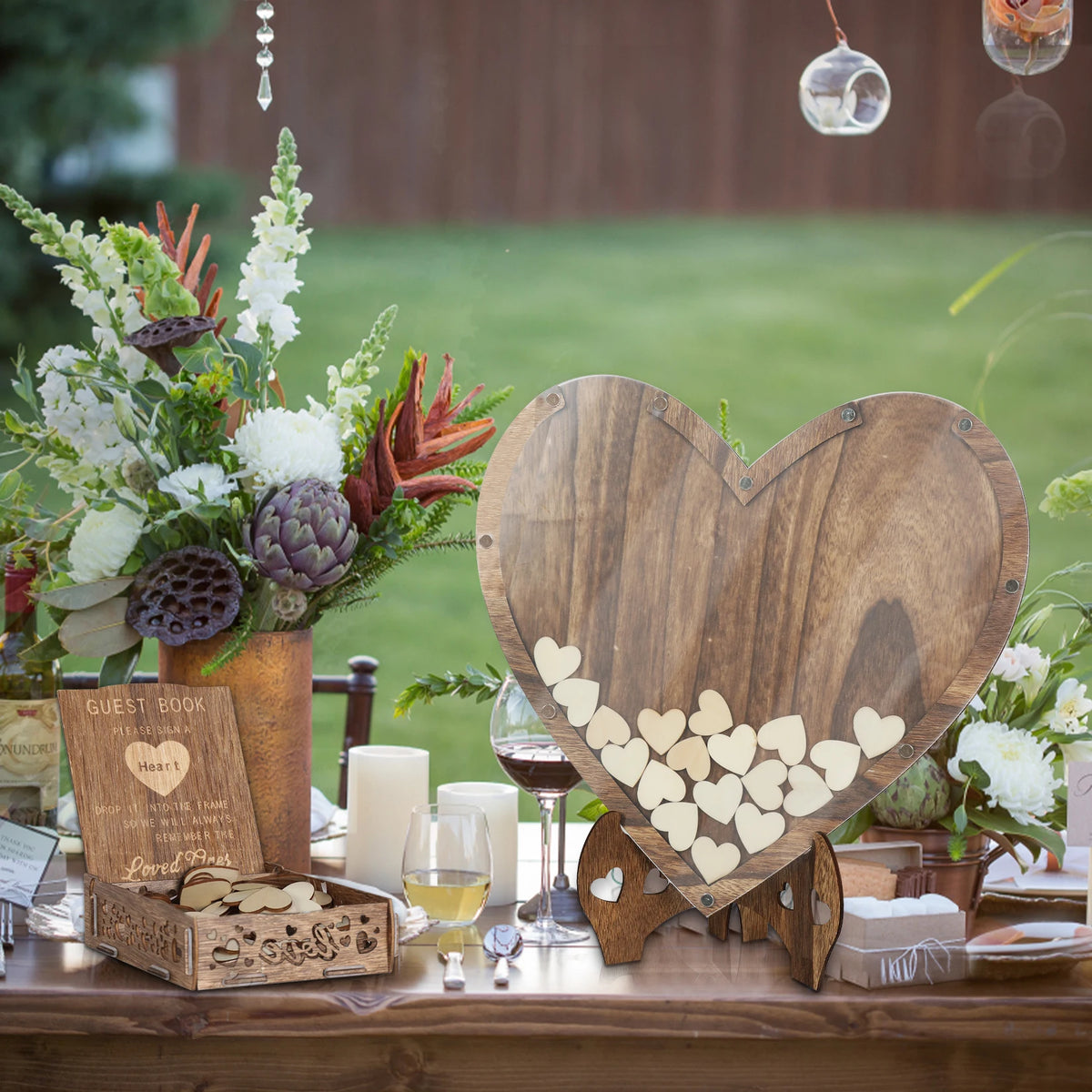 Wedding Guest Book Wooden 88pcs Heart-shaped Bracket Pastoral Wedding Storage Box Birthday Message Carving Carbonized Wood
