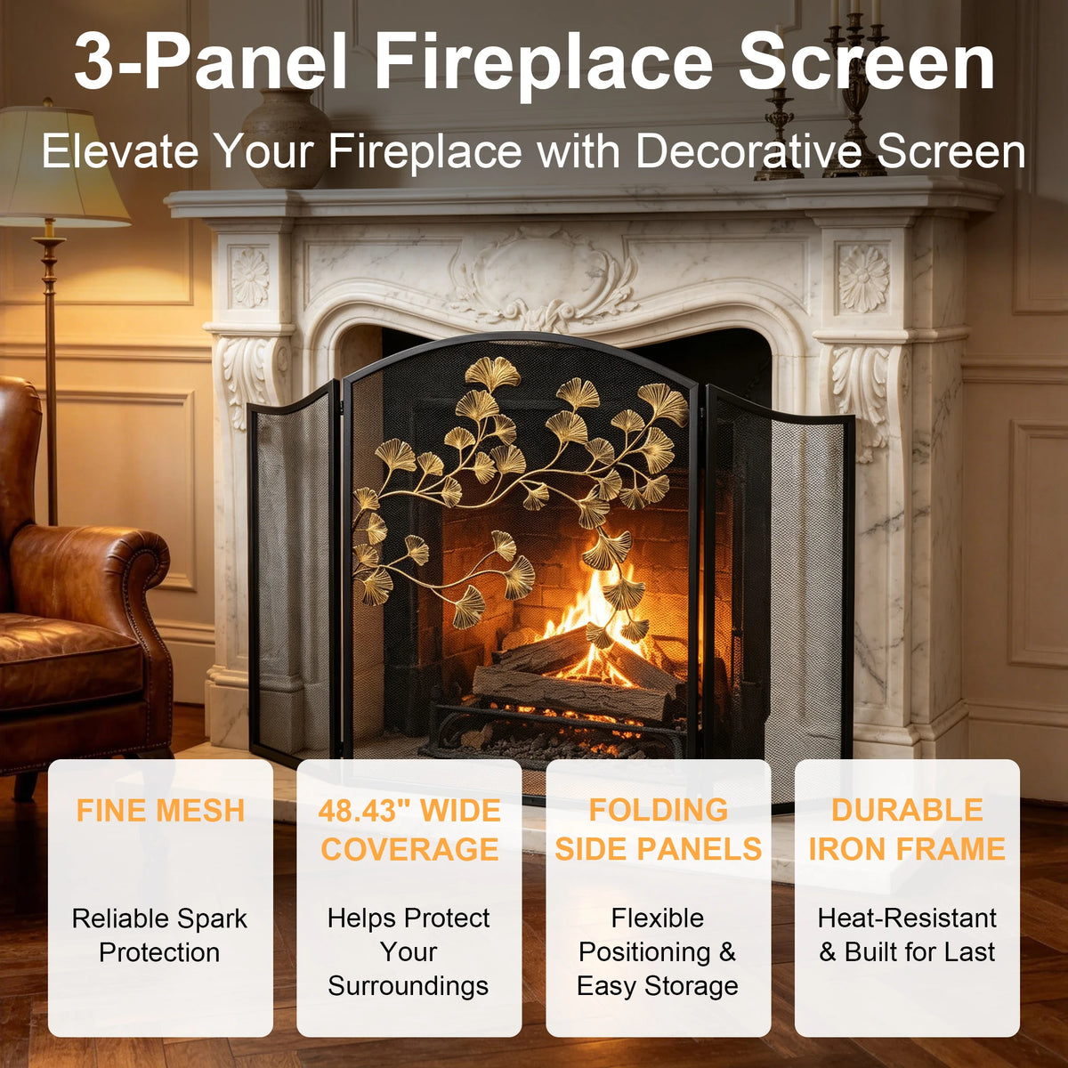 3 Panel Folding Fireplace Screen, Black Iron Mesh Spark Guard with Antique Bronze Ginkgo Leaves, Freestanding, No Assembly Required