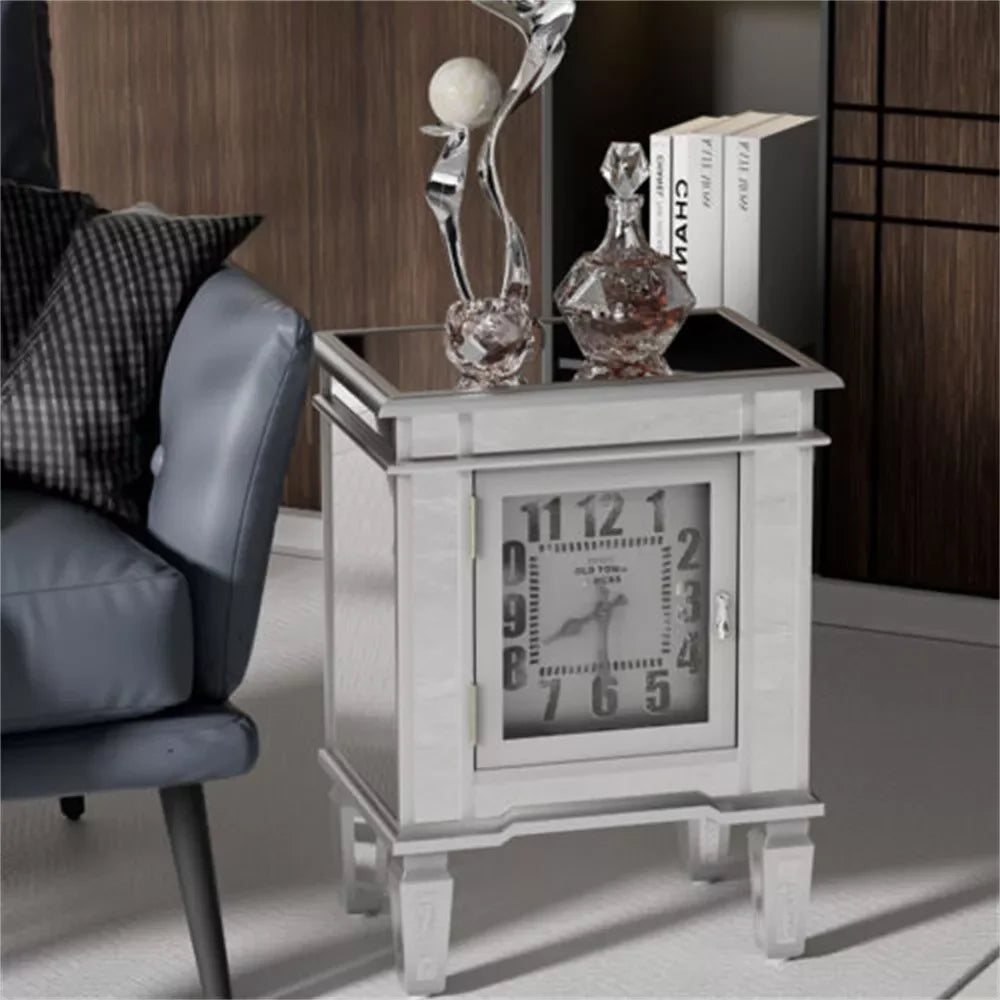 Mirrored End Table with Clock, Modern Sofa Side Table with Storage Door, Nightstand for Bedroom, Living Room and Home Decor