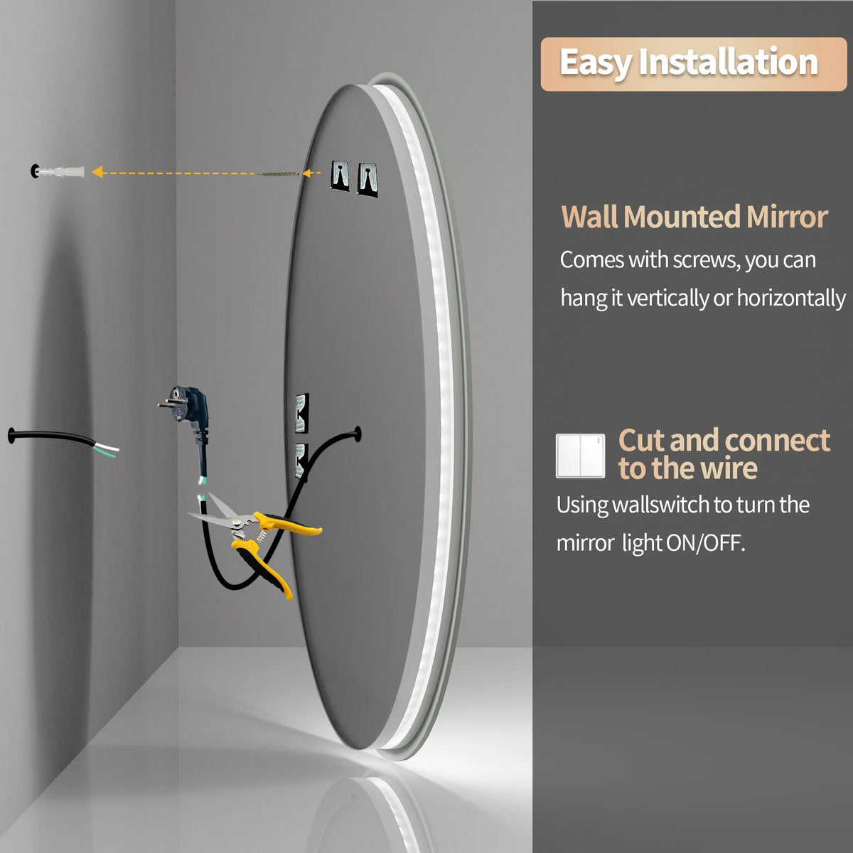600x800mm LED Oval  Anti-Fog Smart Touch Sensor Memory Function Wall Vanity Mirror Bathroom Backlit Front Lighted with 3 Colors