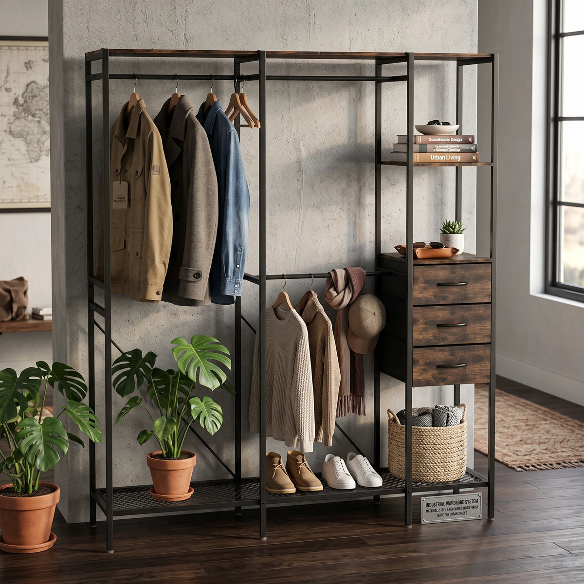 Freestanding Clothes Rack with 3 Fabric Drawers, Industrial Open Wardrobe Closet Organizer with Hanging Rails and Storage Shelves, Metal Frame, 59.5" Wide, Black and Rustic Brown