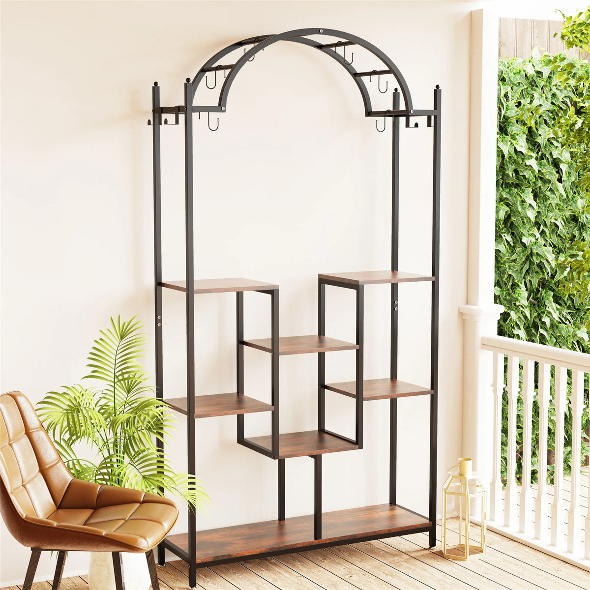 39.37Wx11.81Dx74.8H inch 5-Tier Tall Indoor Plant Stand, 74.8'' Arched Metal Flower Shelf with Hanging Hooks, Large Bonsai Pots Display Rack for Garden