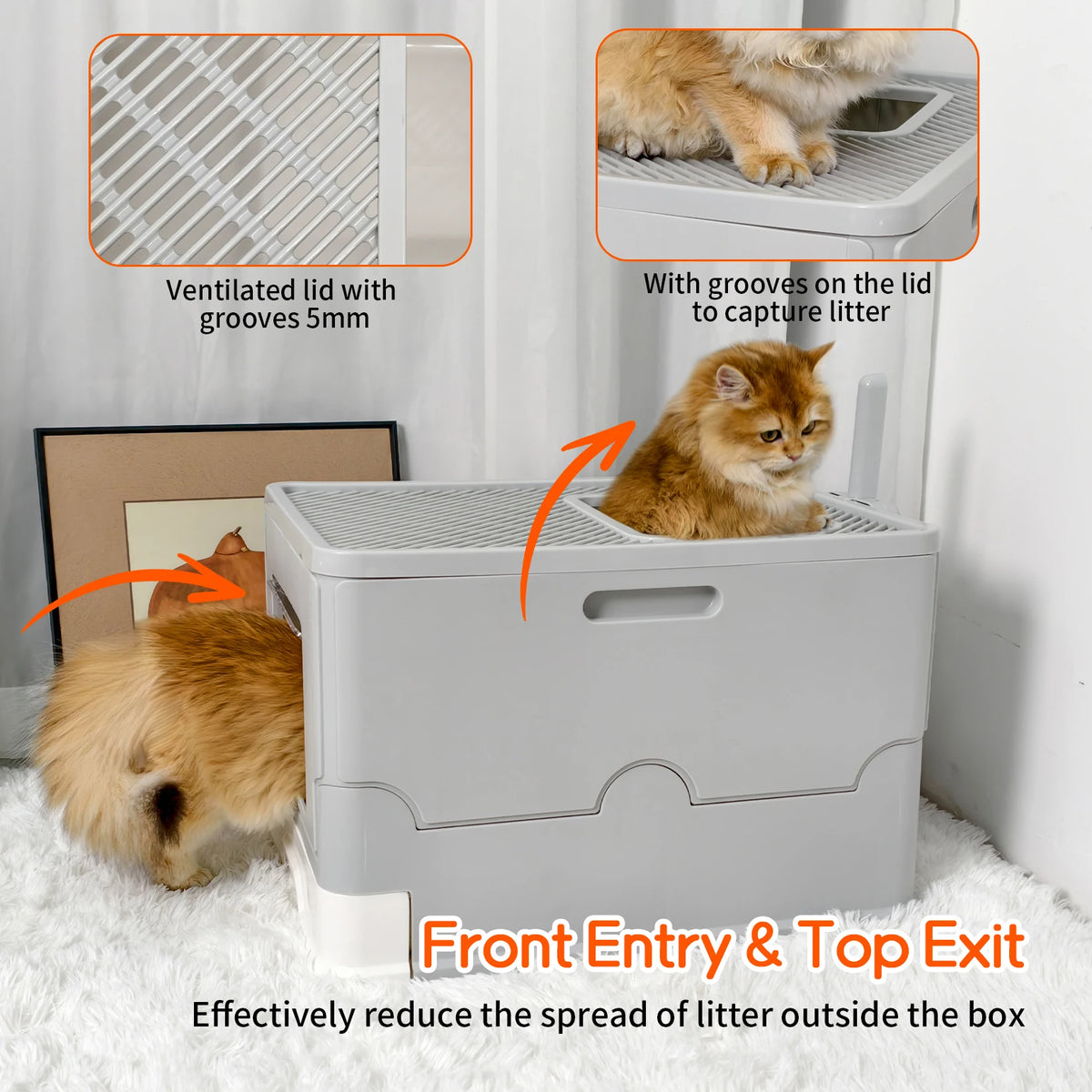 Large Cat Litter Box with Lid, Foldable Litter Box, Drawer Type Enclosed Kitty Litter Box Front Entry Top Exit Kitty Litter Box