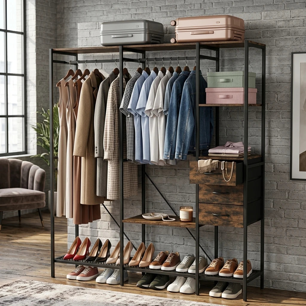 Freestanding Clothes Rack with 3 Fabric Drawers, Industrial Open Wardrobe Closet Organizer with Hanging Rails and Storage Shelves, Metal Frame, 59.5" Wide, Black and Rustic Brown