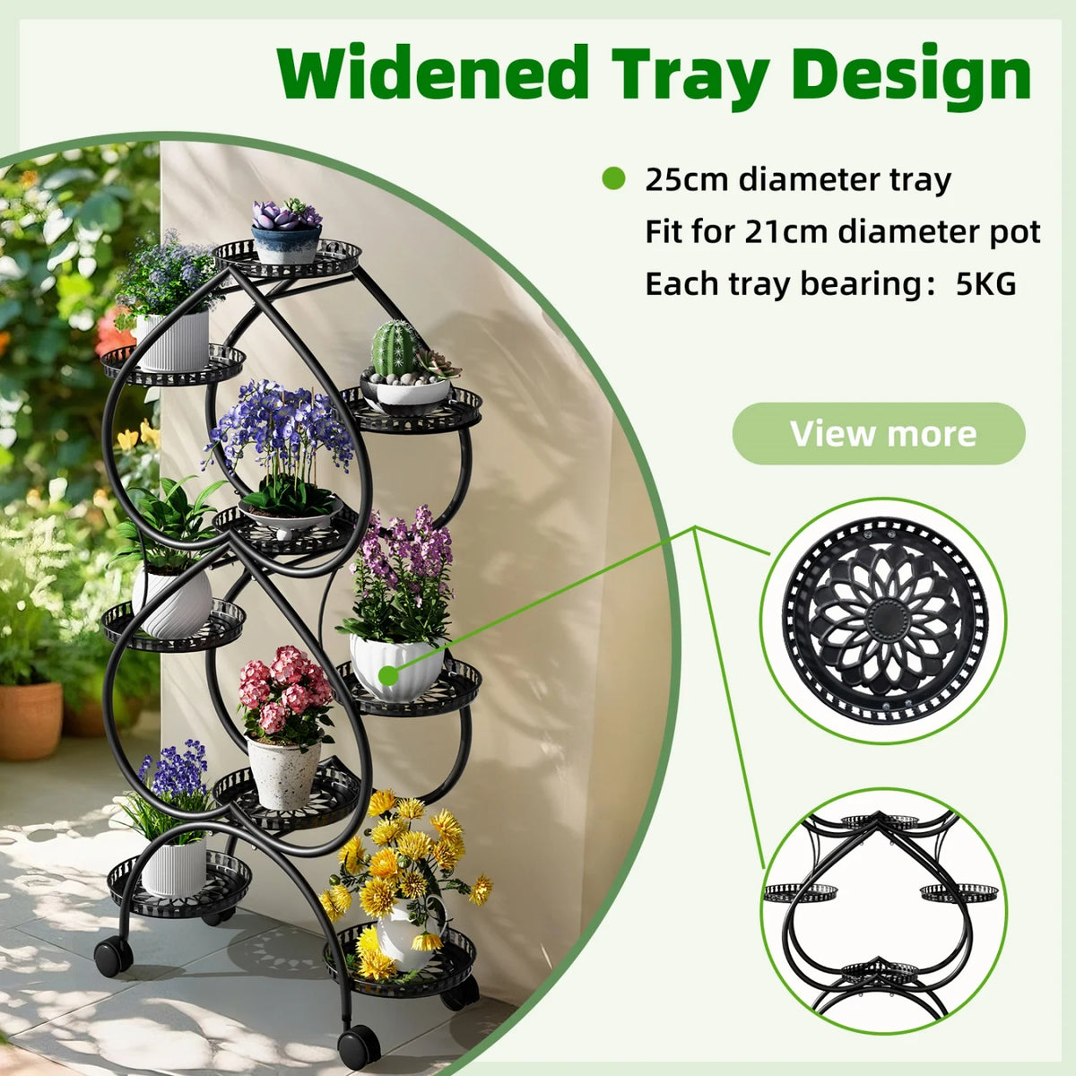 European 6 Tier Double-heart Plant Stand for In/Outdoor Black Iron Mobile Plants Display Holder for Living Room Balcony Garden