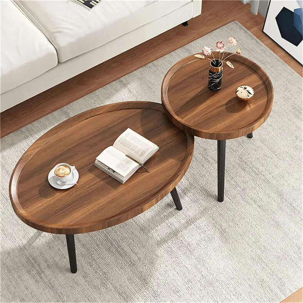 Irregular Drop-Shaped Coffee Table Set 2-in-1 Solid Wooden Sofa Side End Table with Triangle Legs for Living Room