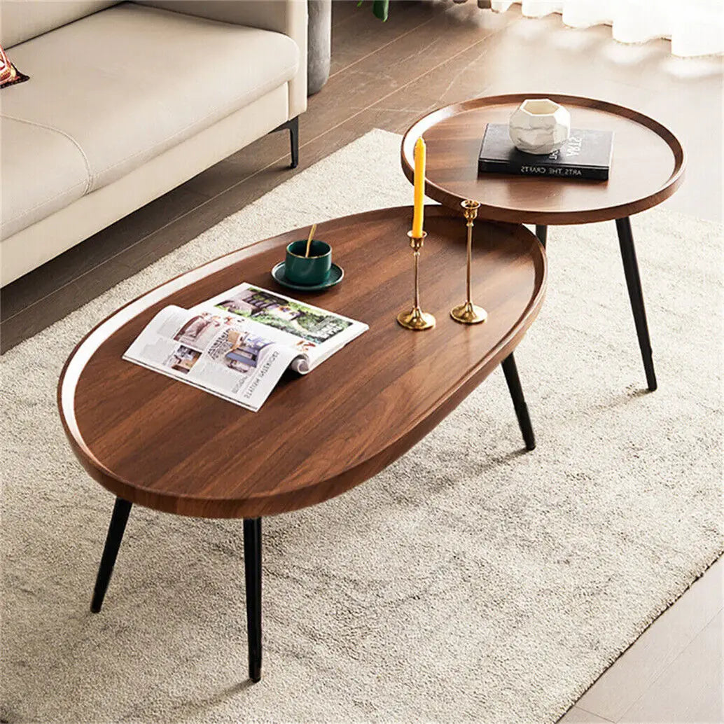 Irregular Drop-Shaped Coffee Table Set 2-in-1 Solid Wooden Sofa Side End Table with Triangle Legs for Living Room