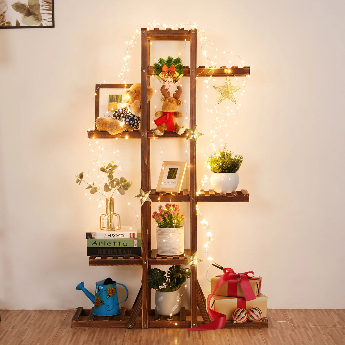 Wall Corner Wooden Plant Stand Indoor Outdoor Garden Flower Pot Shelf Space Save