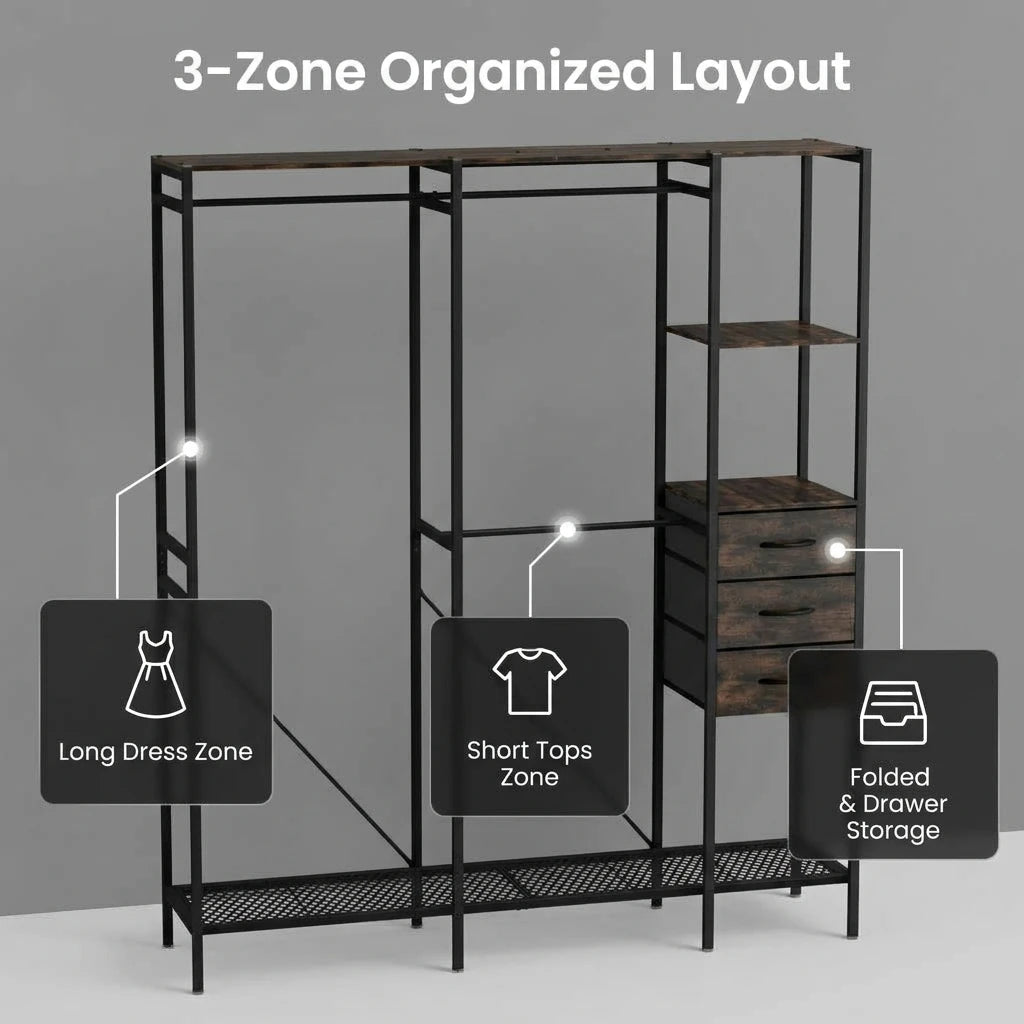 Freestanding Clothes Rack with 3 Fabric Drawers, Industrial Open Wardrobe Closet Organizer with Hanging Rails and Storage Shelves, Metal Frame, 59.5" Wide, Black and Rustic Brown
