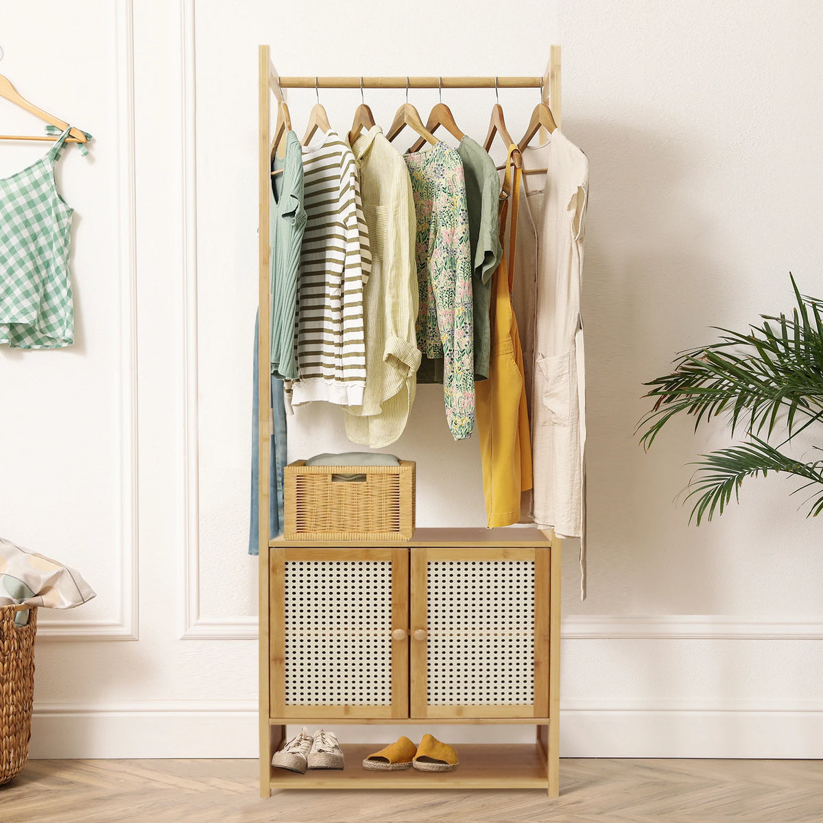 Clothing Stand Multifunctional Bamboo Clothes Rack Tall Closet Organizer Cabinet for Hanging Clothes and Storing Accessories