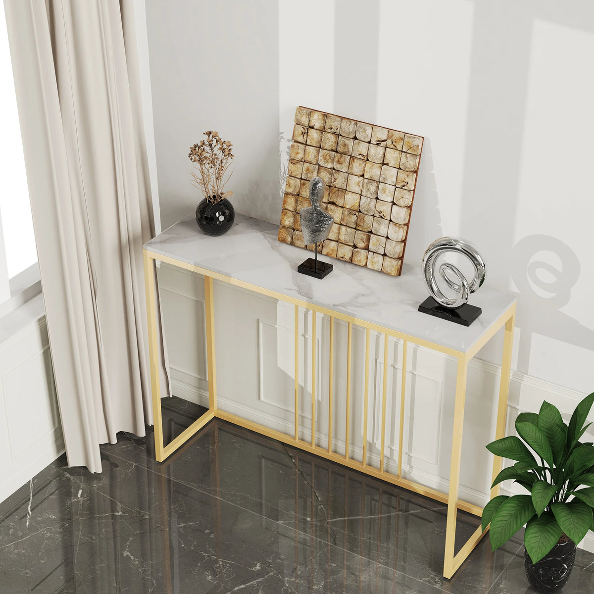 39.4x11.8x30.9inch Modern Accent Console Marble Table Gold Metal Frame Storage Display Shelf Narrow Table for Hallway Entryway Living Room Entrance