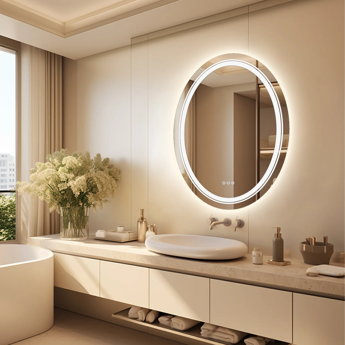 600x800mm LED Oval  Anti-Fog Smart Touch Sensor Memory Function Wall Vanity Mirror Bathroom Backlit Front Lighted with 3 Colors