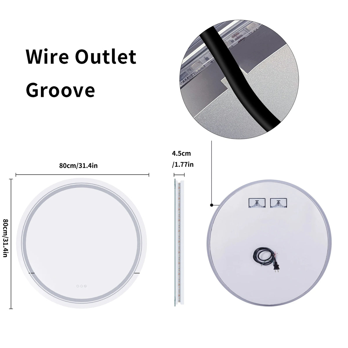 800mm LED Circle Wall Mounted Vanity Mirror with Demister Pad Smart Touch Sensor Memory Function Backlit Front Lighted 3 Colors