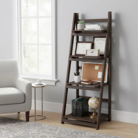 4 Tier Foldable Plant Stand Ladder Shelf Carbonized Paulownia Wood Flower Display Rack, No Assembly Vintage Corner Bookshelf Storage Organizer for Living Room Garden Balcony Patio (41x32.5x110cm)