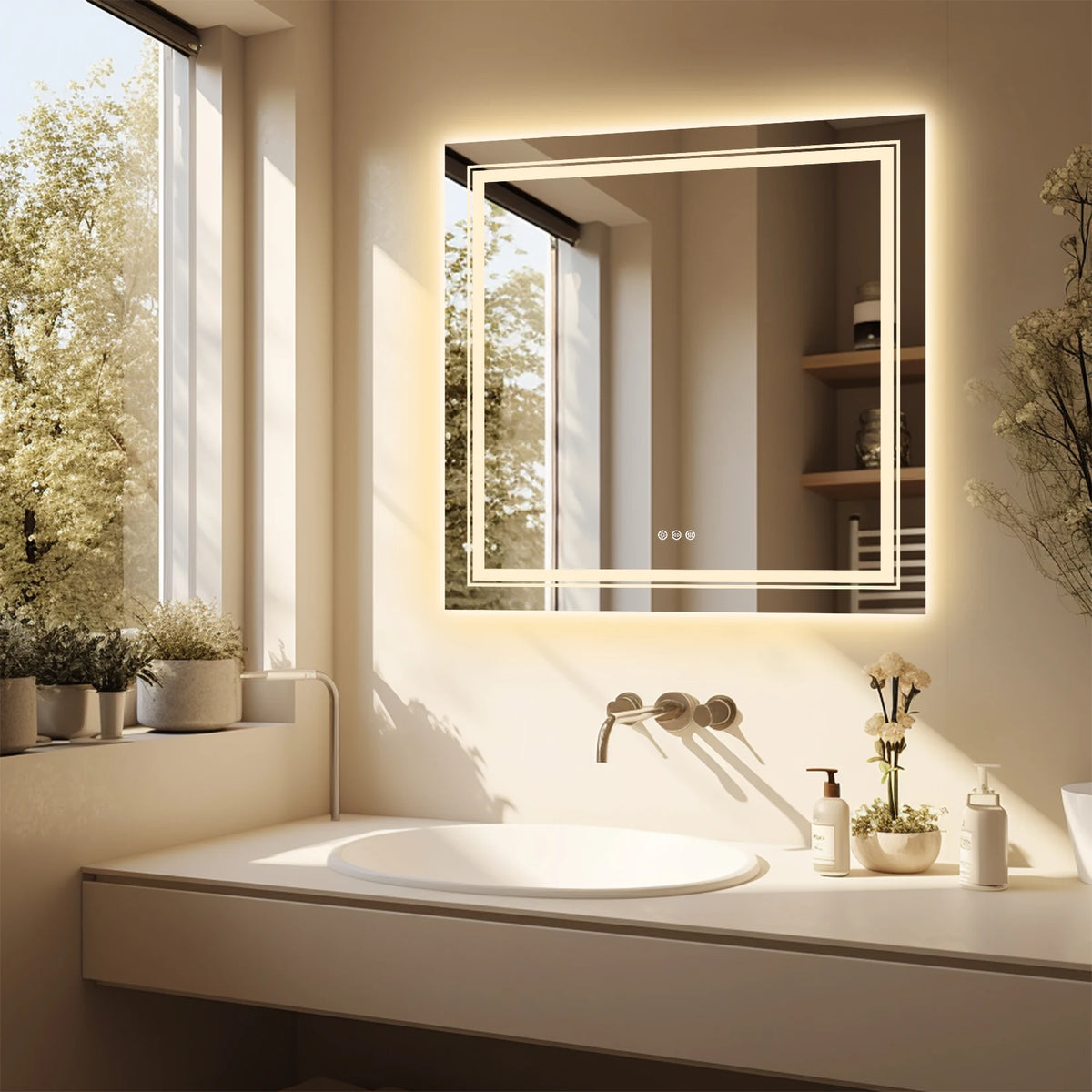 LED 900mm Square Backlit 3 Colours Dimmable Lighted Vanity Bathroom Mirror Home Decor Anti-fog Wall Mounted Makeup Mirror