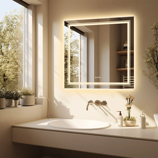 LED 900mm Square Backlit 3 Colours Dimmable Lighted Vanity Bathroom Mirror Home Decor Anti-fog Wall Mounted Makeup Mirror