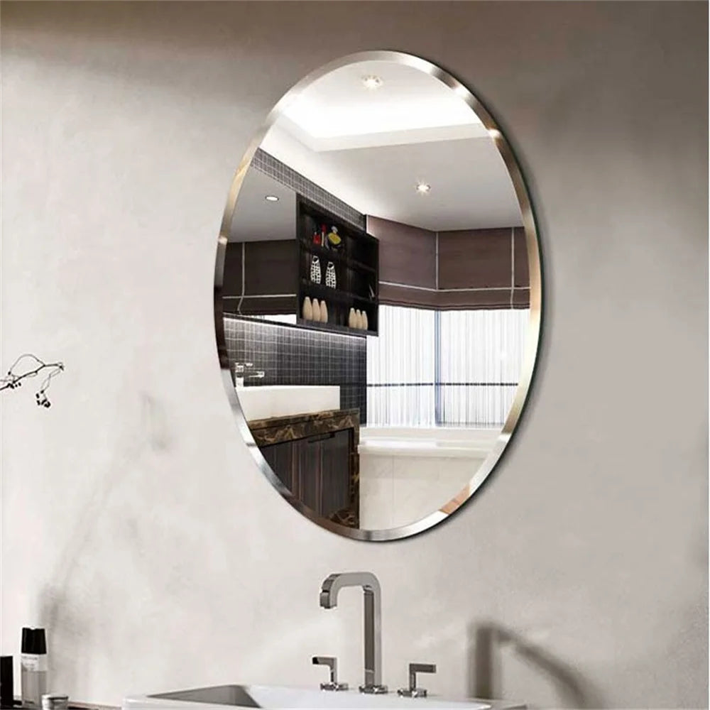 Frameless Oval Wall Mirror Silver Beveled Edge Bathroom Vanity Mirror for Modern Home Decor, Fireplaces
