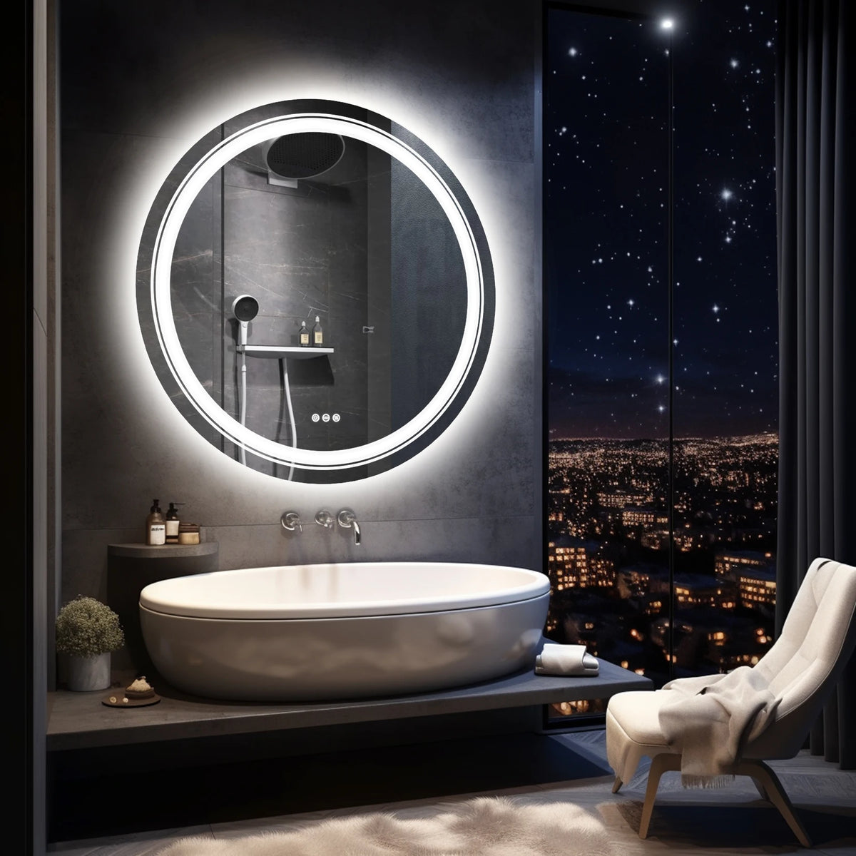 900mm LED Round Dimmable 3 Colors Smart Touch Anti-Fog Mirror with Memory Function Backlit Front Large Wall Mounted LED Mirrors