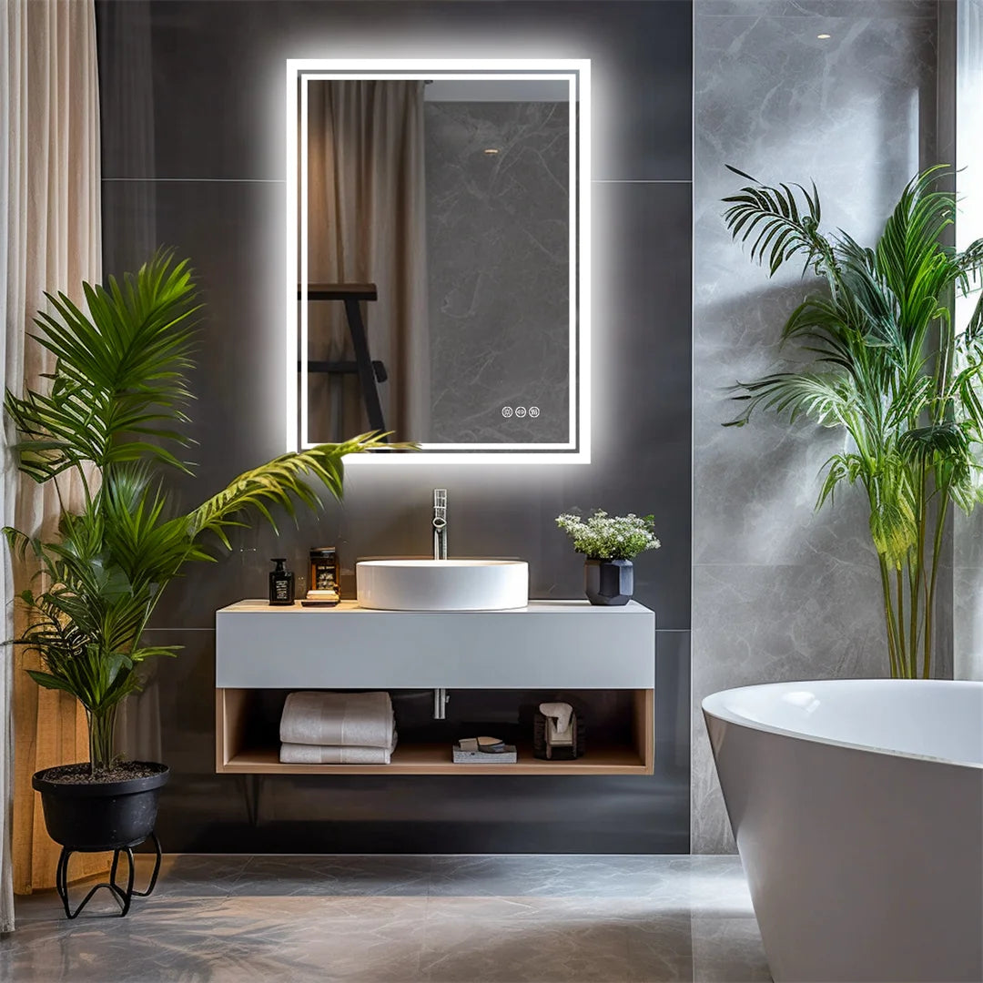 LED Bathroom Mirror, Frameless Backlit Vanity Mirror, Dimmable 3-Color Light, Anti-Fog, Touch Sensor