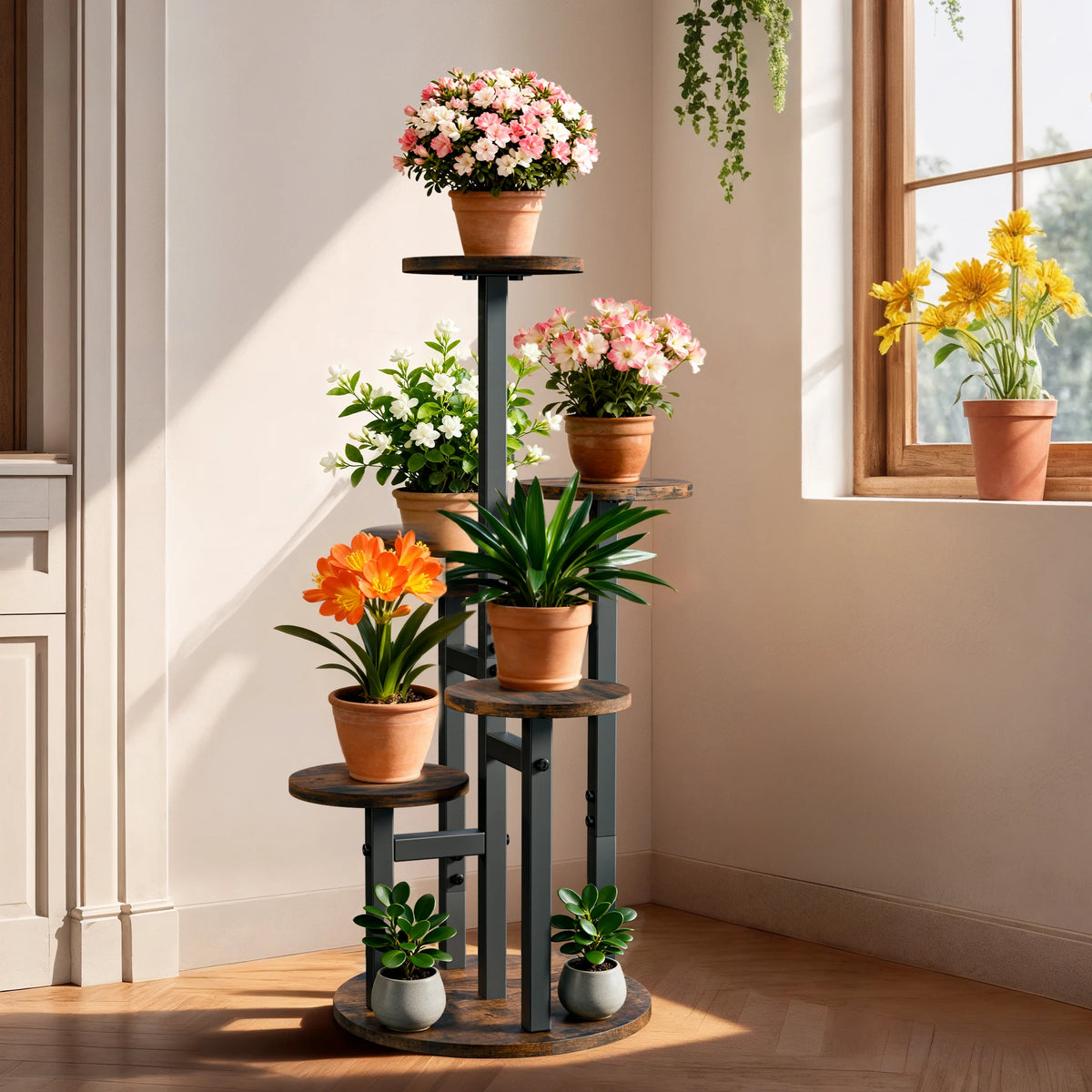 5-Tier Vertical Plant Stand, Space-Saving Flower Pot Display Shelf with Staggered Round Wood-Effect Shelves and Black Metal Frame