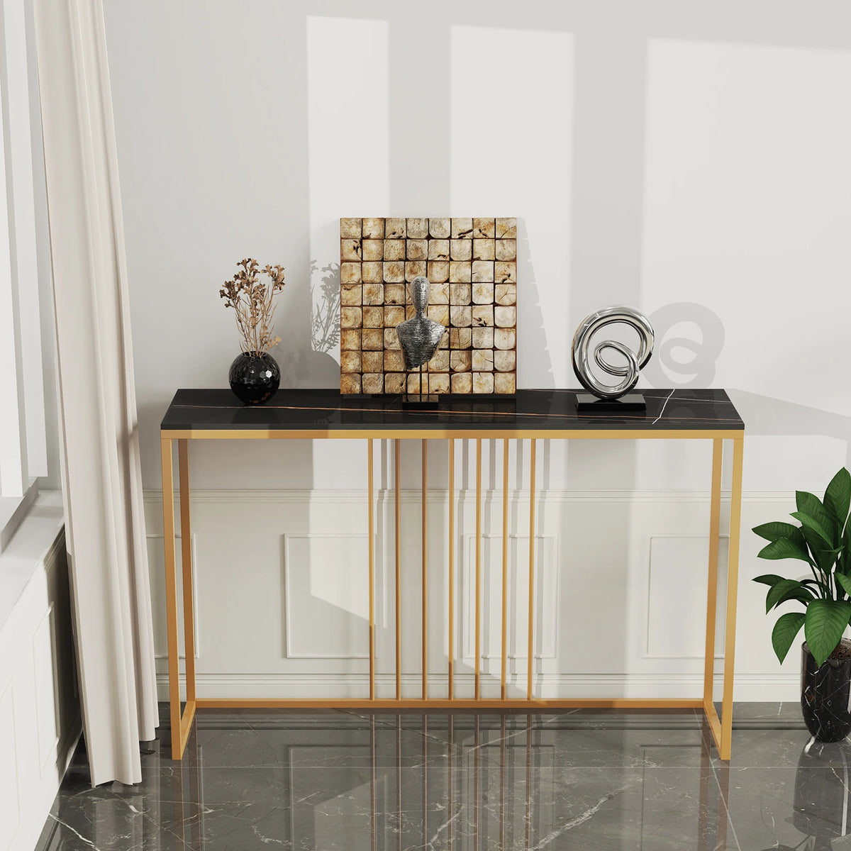 47.2 Inch Long Console Table for Foyer Modern Entryway Storage Table Sintered Stone Tabletop Gold Metal Legs