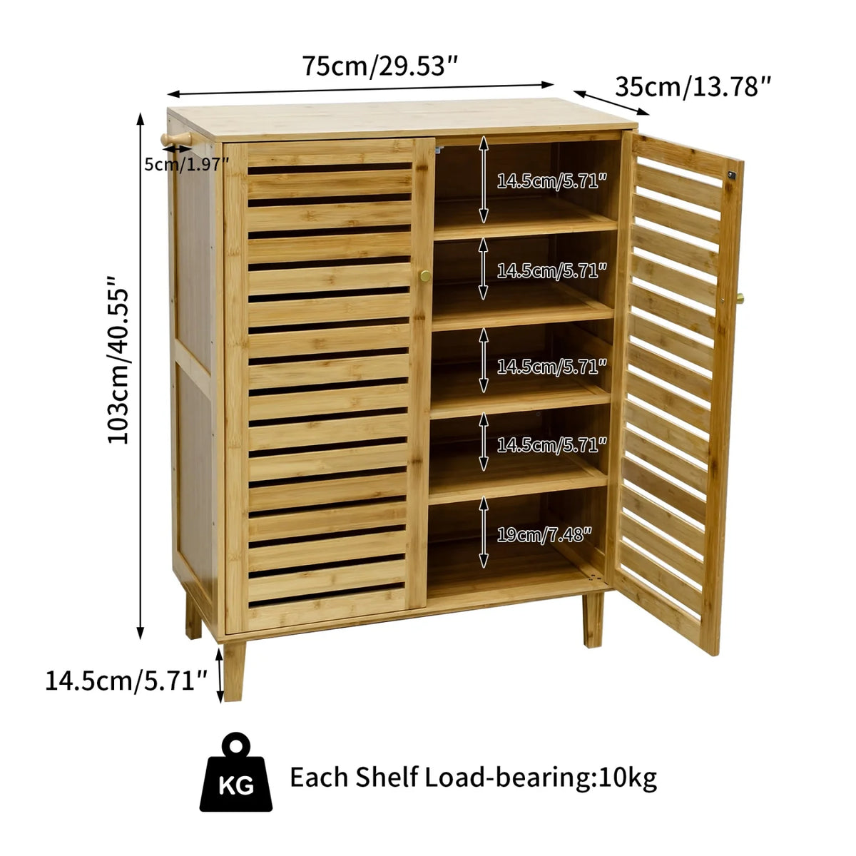 5 Tier Natural Wood Shoe Storage Cabinet Organizer Ventilated Slatted Doors 2 Or 3 Doors Shoes Rack for Entryway Hallway Closet