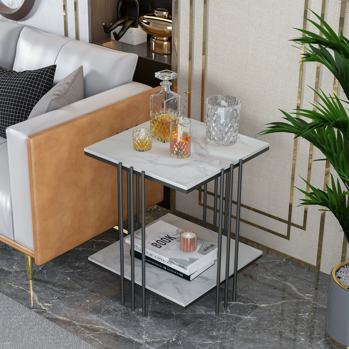 2-Tier Marble Sofa Side Table Coffee Table Modern Square Black Metal Frame for Living Room Accent
