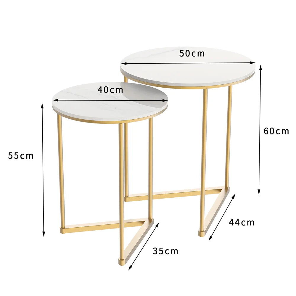 Set of 2 Modern Round Marble Metal Base Nesting Set Side Accent Table Living Room Storage Small End Table, Coffee Table, Marble and Gold