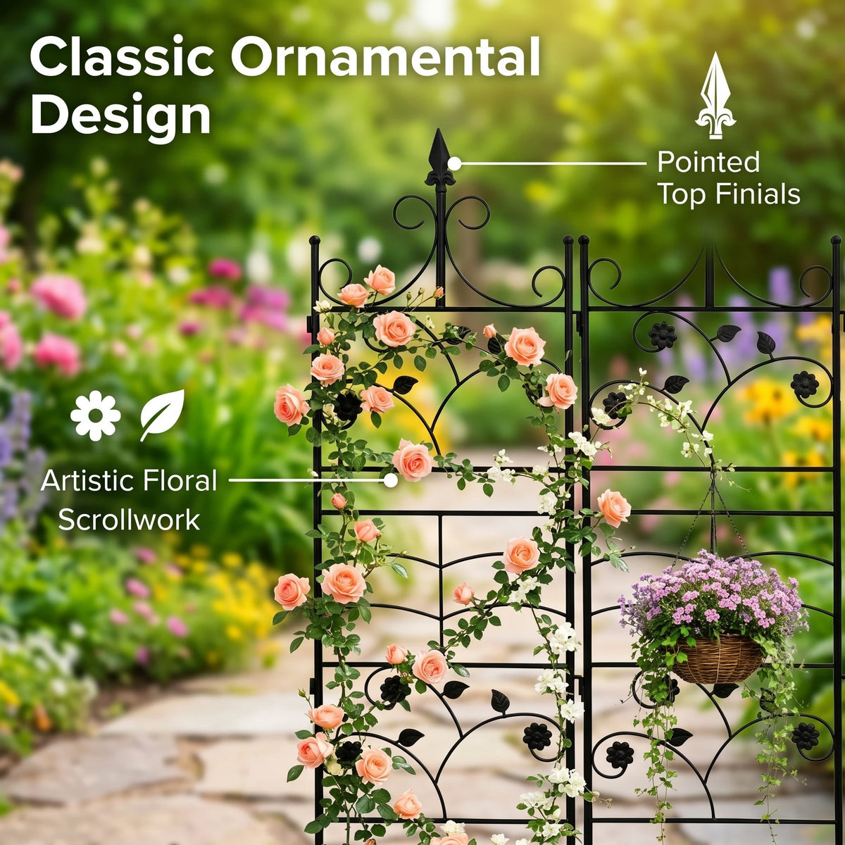 4-Pack Metal Garden Trellis for Climbing Plants, 84.6" Tall Black Iron Plant Support Panels with Decorative Scrollwork and Ground Stakes for Roses, Clematis and Vines
