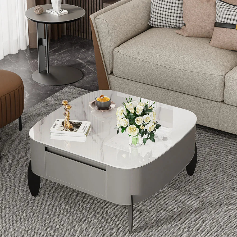Large Modern Coffee Table with Drawers, Coffee Table with Metal Legs Center Marble  Table