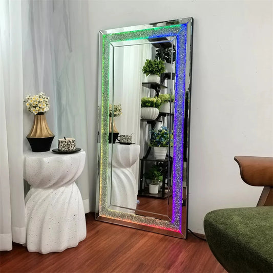48"x24" Mirror Full Length Diamond Standing Mirror with 7 Colors RGB LED Lights, Lighted Floor Mirror with Stand for Living Room