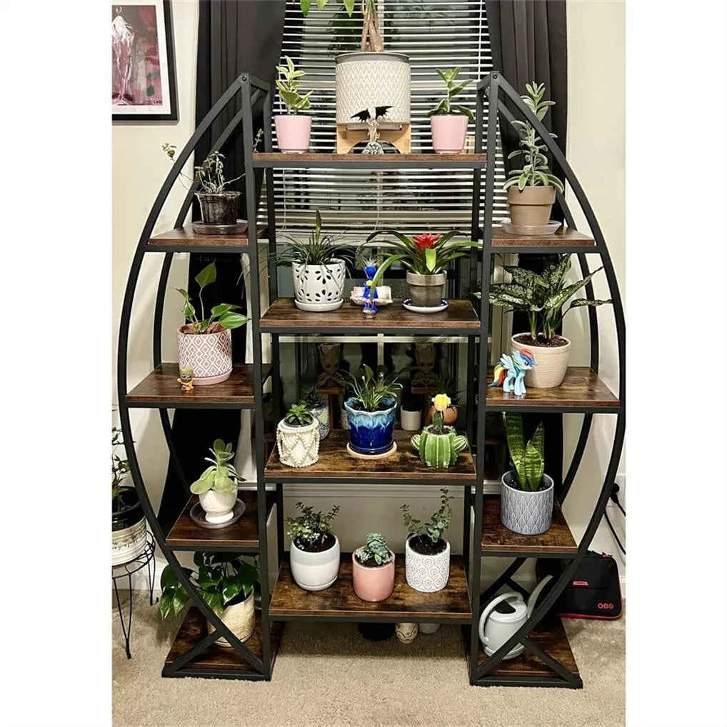 Oval Bookshelf, Plant Stand 5 Tier Etagere Bookcase, Half-Moon Shaped Industrial Display Shelves for Living Room