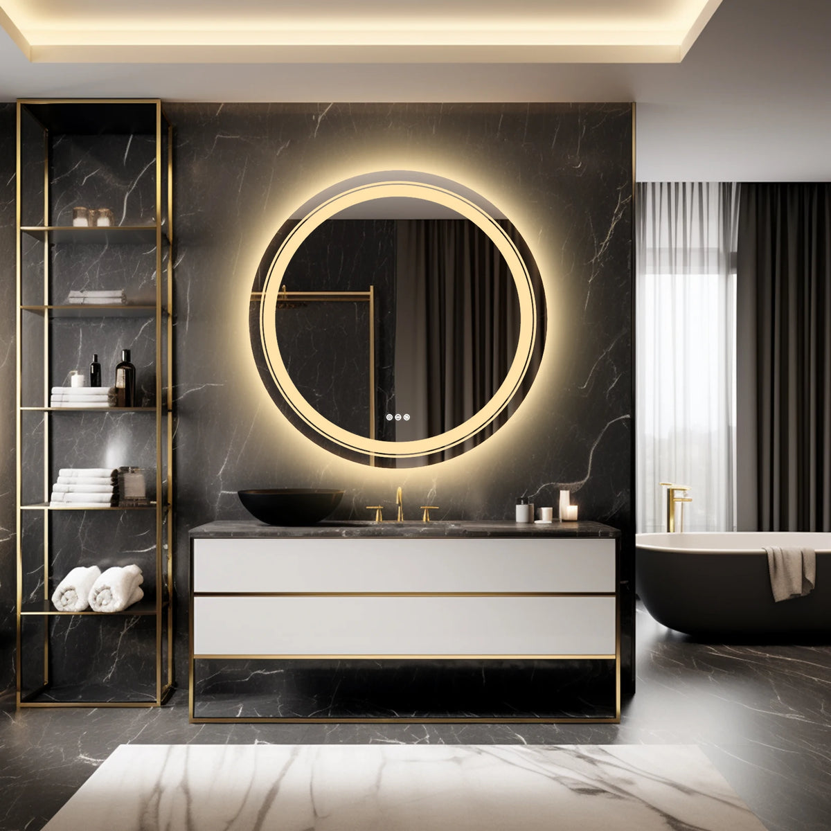 900mm LED Round Dimmable 3 Colors Smart Touch Anti-Fog Mirror with Memory Function Backlit Front Large Wall Mounted LED Mirrors